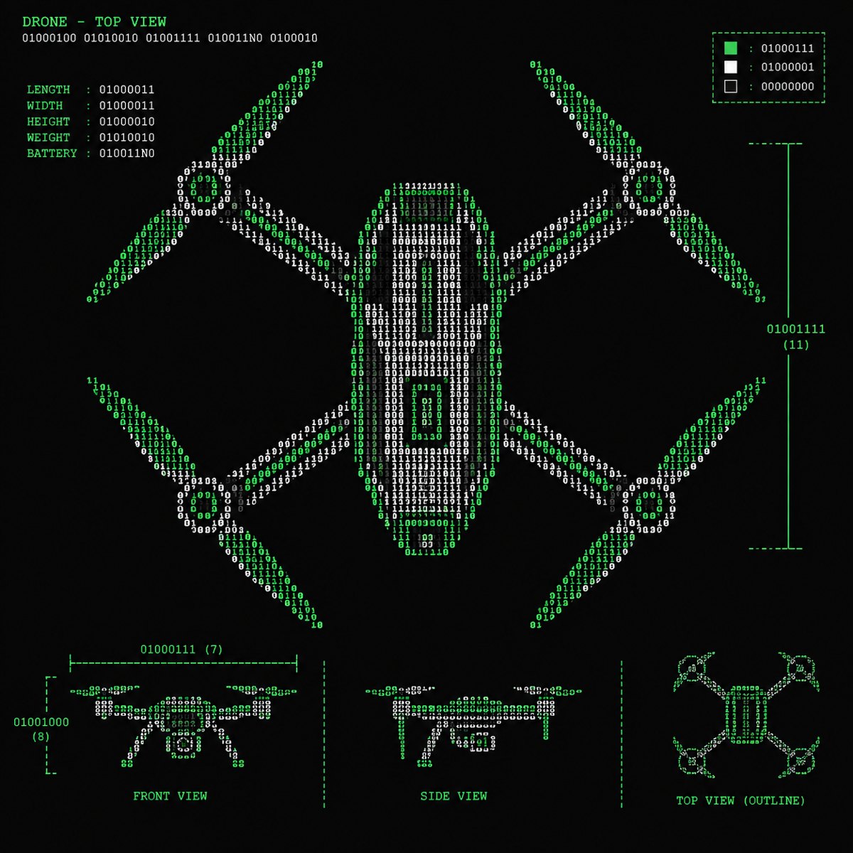 Blueprint-style drawing of a drone rendered in binary digits